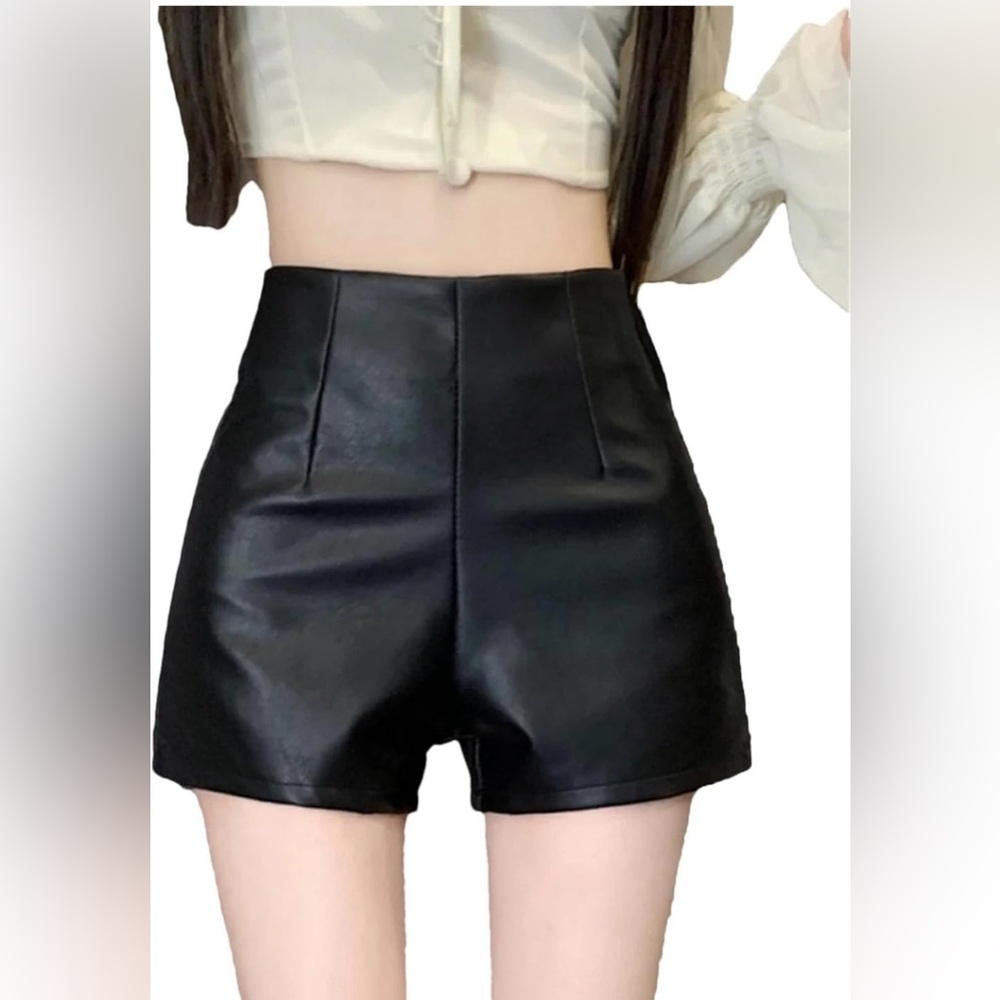 High-Waist Black Faux Leather Women’s Shorts